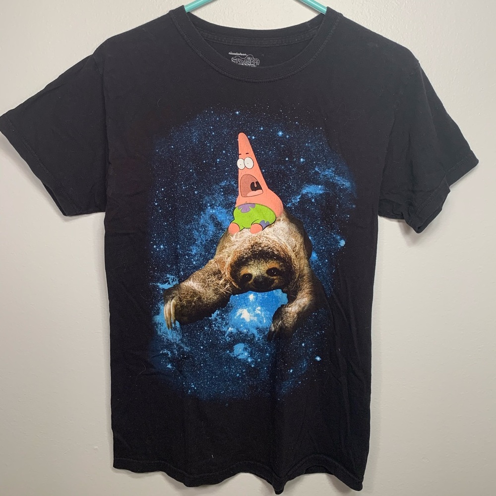 Patrick star on a sloth in outer space tshirt.